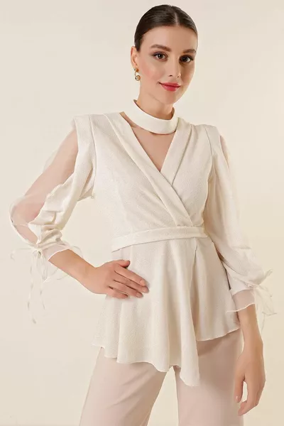 Double-breasted Collar Sleeves Semi Organza Lined Glitter Blouse