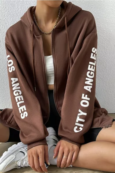 المرأة البني الأكمام لوس انجليس المطبوعة مفصلة مقنعين كارديجان