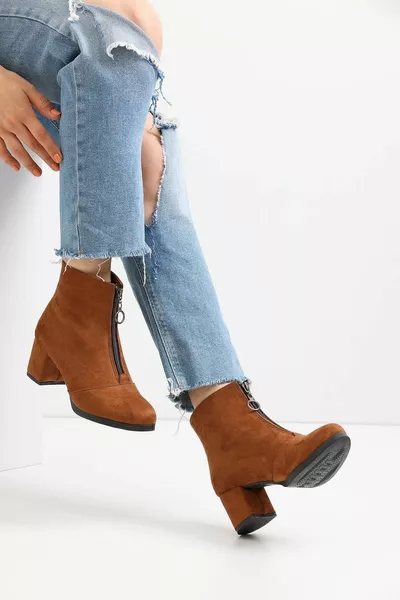 المرأة تان من جلد الغزال الجبهة بسحاب أحذية قصيرة