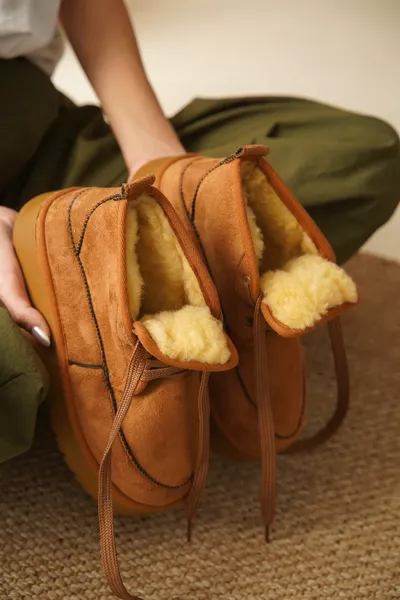 Veterlaarzen van bont voor dames met dikke zool en ronde neus