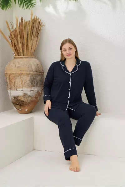 Plus Size Women's Navy Long Sleeve Cotton Button-Front Piped Pajama Set