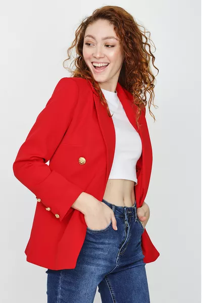 Women's Red Gold Button Blazer Jacket
