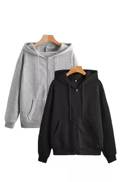 2-Piece Black and Gray Zip-Up Seasonal Cardigan