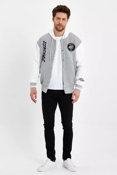 سترة كوليدج رجالية بقبعة مطرزة باللون الرمادي