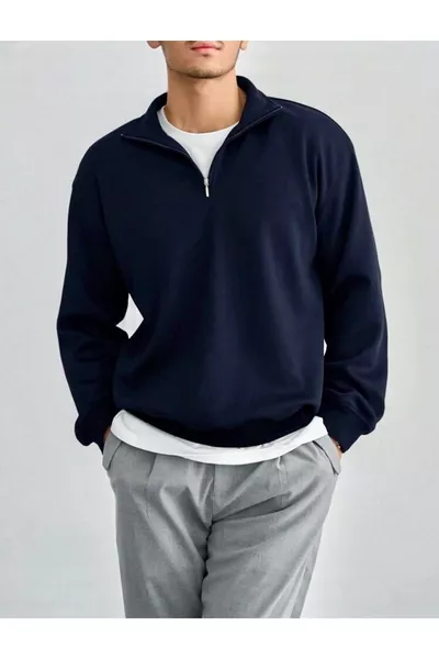 Lacivert Dik Yaka Düz Fermuarlı Sweatshirt