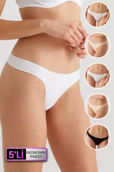 Women's 5-Pack Economic Package Black-White-Nude  No Show Cotton Basic Thong