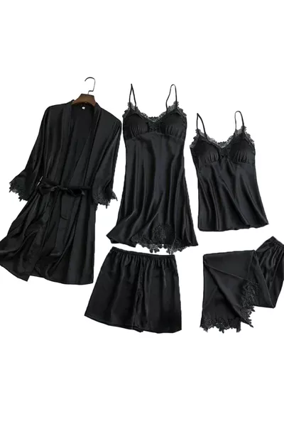 Damen 5-teiliges Satin-Nachtkleid mit Spitze, Braut-Mitgift-Set, Schwarz 
