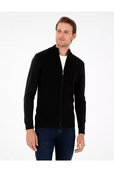 Cardigan in Maglia Nera Slim Fit con Zip 