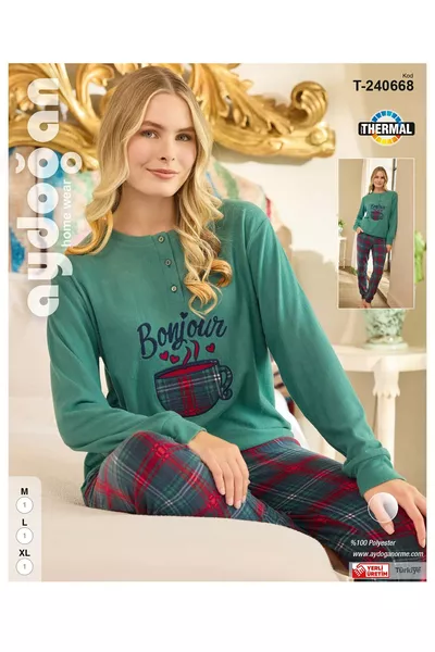 طقم بيجامة نسائية خضراء حرارية بأكمام طويلة بكبسات -3 -  ®