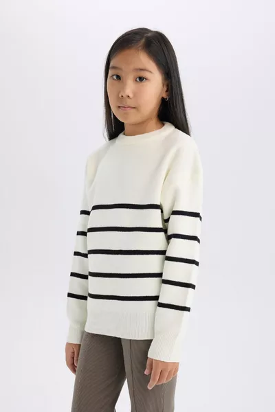 Girl's Cream Striped Crew Neck Knit School Sweater au