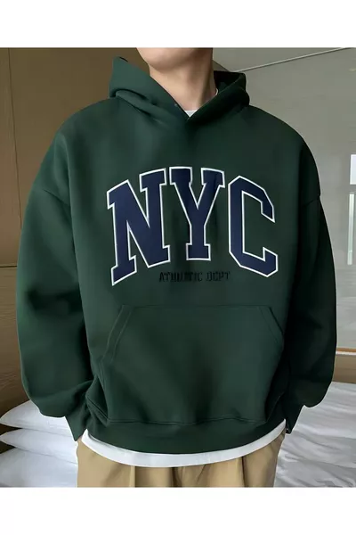 Yeşil NYC Baskılı Kapşolu Kanguru Cepli Sweatshırt Hodie