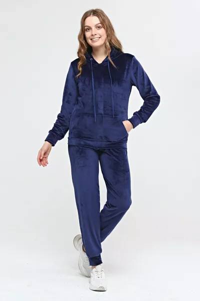 Dikke Fluwelen Trainingspak met Capuchon Donkerblauw