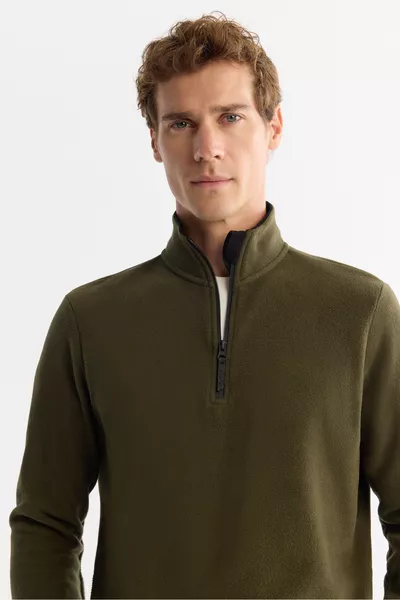 Men's Green Cold-Resistant Half-Zip High Collar Fleece Sweatshirt 