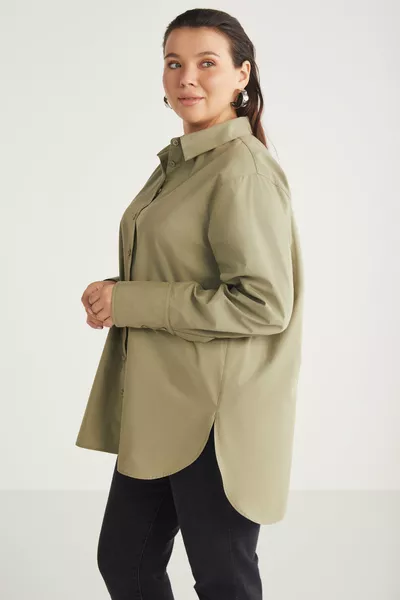 قميص نسائي من أماراب % قطن عضوي، بحجم واسع، من قماش البوبلين، بأكمام كبيرة ولون زيتي، مقاس كبير