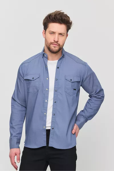 قميص رجالي بقصة نحيفة، قميص جينز أزرق رجالي