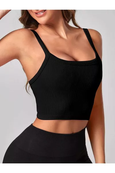 Damen Schwarzes Rippstrick-Träger-Crop-Top