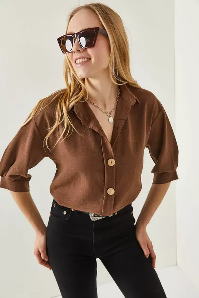 قميص تروفاكار بأكمام كتان بالقهوة المرة للسيدات 