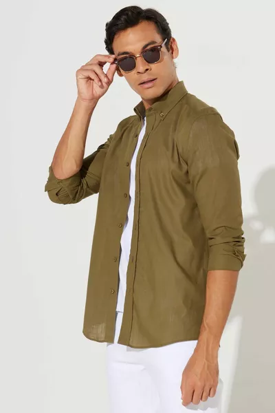 Erkek K.haki Keten Görünümlü % Pamuk Nefes Alabilen Kumaş Flamlı Slim Fit Düğmeli Yaka Gömlek