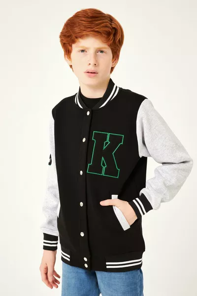 K Embroidery Detailed Boys' College Jacket Black