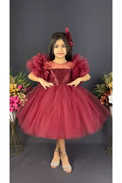 Chiffon Met Ruches Pompon Mouwen Pailletten Meisjes Rok Luxe Tule Feestjurk BORDEAUX
