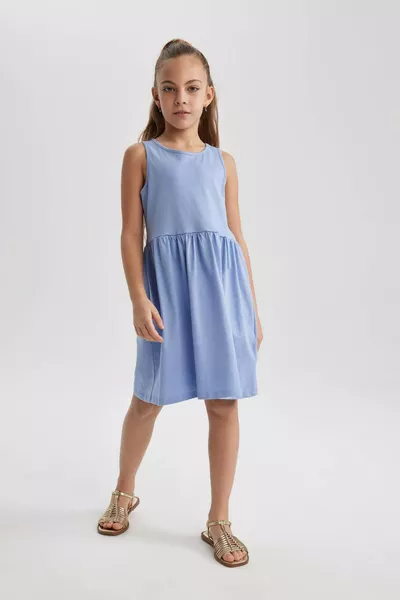 Girl's Bicycle Neck Basic Plain Sleeveless Summer Dress SM