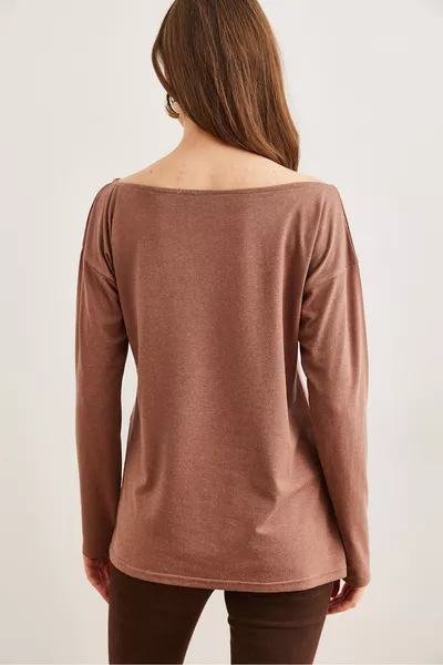 Dames Camel Boot Hals Wol Viscose Valt Blouse 