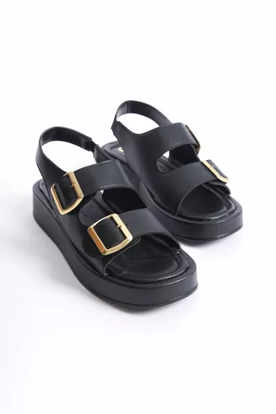 Charm Zwart Dikke Zool Dubbele Band, Gouden Gesp Zachte Zool Casual Dames Sandalen