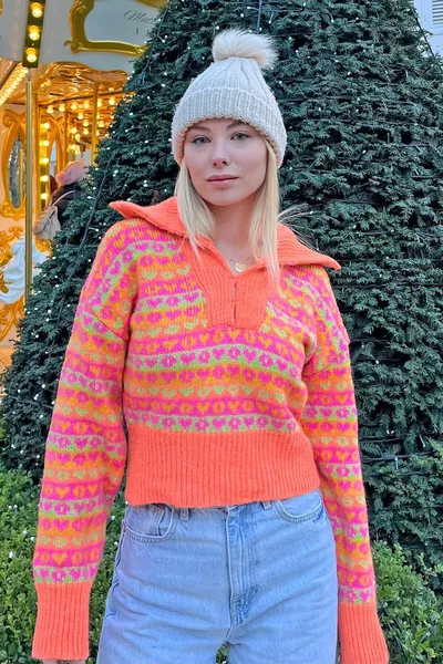Oranje Polo Neck Hart Patroon Dames Gebreide Trui