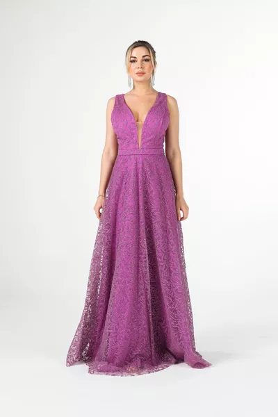 Abendkleid mit V-Ausschnitt und Glitzer bestickt Fuchsia 