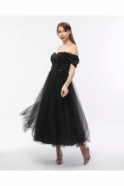 Low Sleeve Heart Collar Sequin Evening Dress