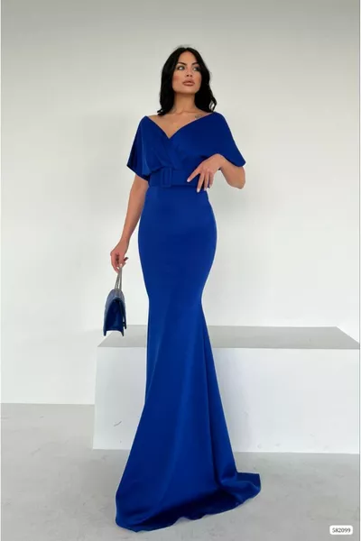 Front Back V-Neck Low Sleeve Design Belted Maxi Size Mermaid Evening Dress