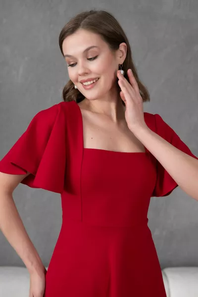 Ärmel Detail Stretchy Scuba Kreppstoff Quadratischer Ausschnitt Midi-Länge Rotes Abendkleid Rotes Abschlusskleid 