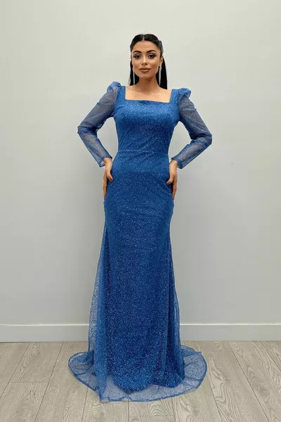 Silvery Tulle Fabric Square Neck Fish Dress - INDIGO BLUE