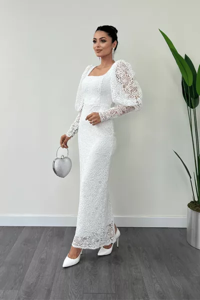 Guipure الدانتيل النسيج بالون الأكمام قلم رصاص اللباس - أبيض