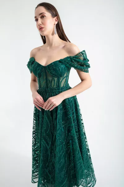 Women's Emerald Green Boat Neck Glitter Midi Evening Dress