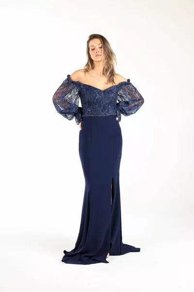 Fish evening dresses with lace and beading on navy blue
