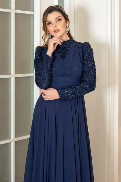 Pulpayet Chiffon Plus Size Arya Abendkleid - Marineblau