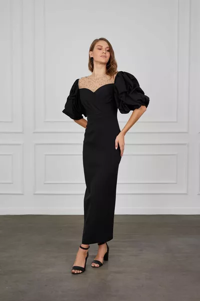 SCHWARZ Ballonärmel Stein-Accessoire Schlitz Detail Abendkleid 