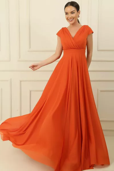 Double-breasted Collar Nail Sleeve Full Circle Flared Lined Chiffon Tulle Long Dress