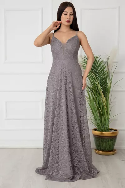 Dantel Ip Askılı Uzun Abiye Elbise 