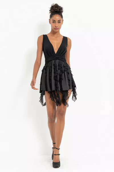 Black V-Neck Sleeveless Ruffled Dress