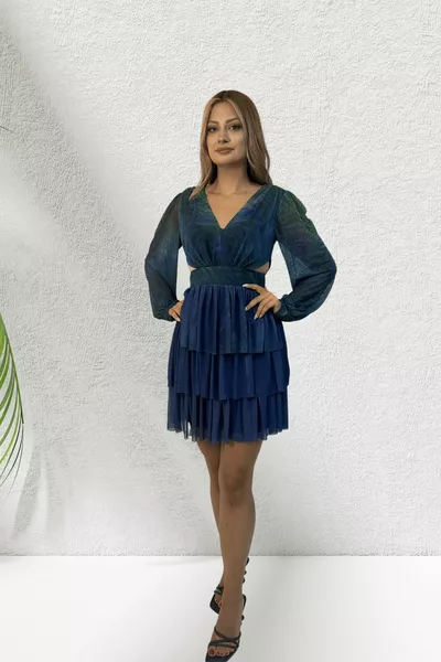 Marineblaues kurzes Abendkleid mit Tüllmuster und Rüschen