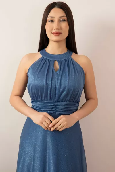 C الرقبة بريق فستان سهرة طويلة 