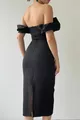 Kadın Straplez Yaka Düşük Omuz ve Yırtmaç Tasarımlı Midi Kalem Siyah Abiye Elbise 
