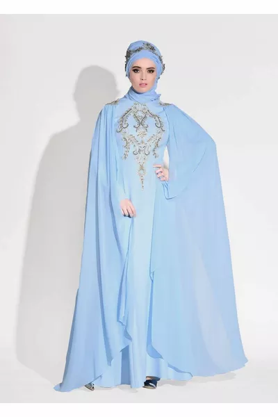 Blauwe Guipure geborduurde gedetailleerde avondjurk voor dames 