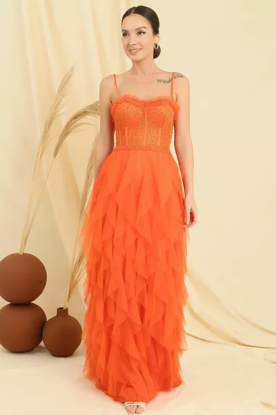 Bead Rope Strap Strapless Handkerchief Fringed Lined Long Tulle Dress