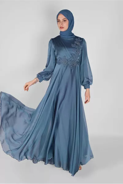 Robes de soirée perlées bleues pour femmes 