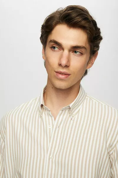 Ds Damat Slim Fit Bej Çizgili Gömlek