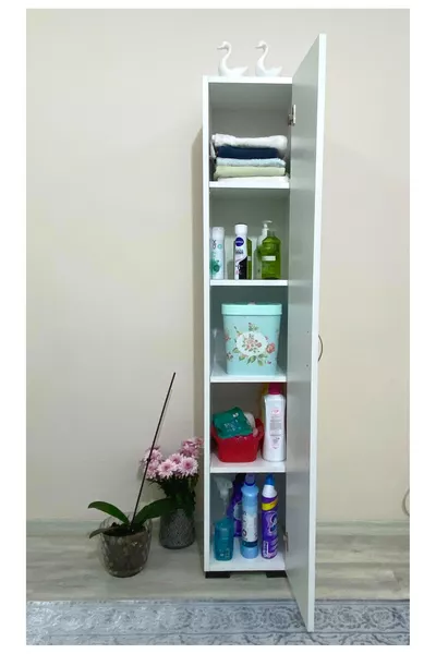 Многофункционален шкаф Еднокрилен шкаф с 5 рафта Баня шкаф Кухненски килер Бял шкаф за провизии