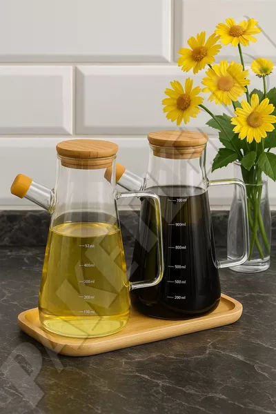 2 flacons à huile en borosilicate de  ml avec couvercle en bambou sous vide (sous-verre en bambou inclus)